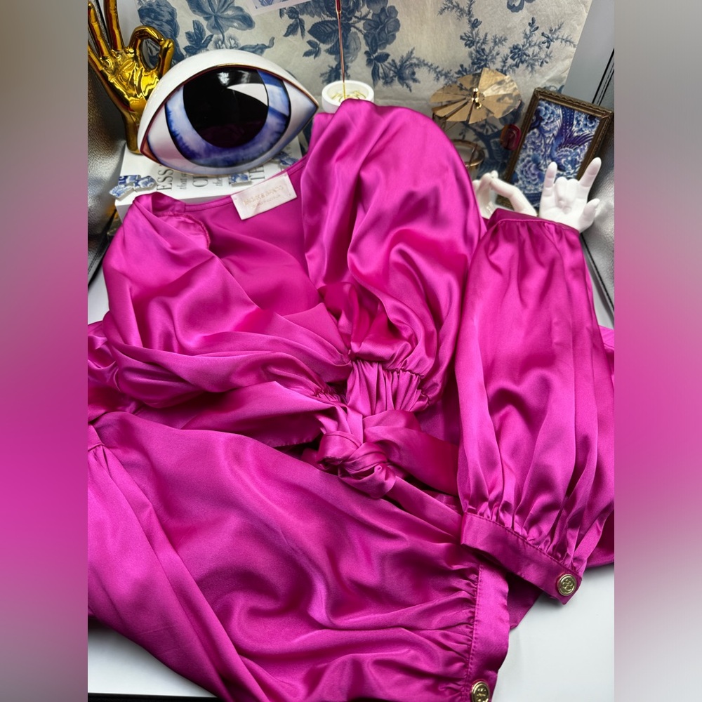 🆕 BRONX & BANCO 🧿 NWOT Bedouin V-Neck Ruffle Mini Dress, Pink Silk - Size L - Picture 15 of 15